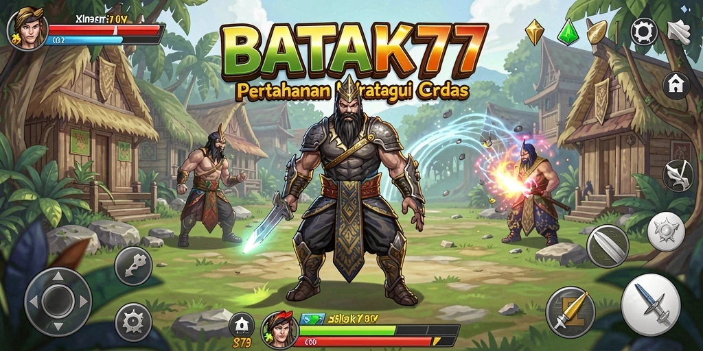 Tampilan gameplay menegangkan dalam BATIK77 dengan menara dan musuh.