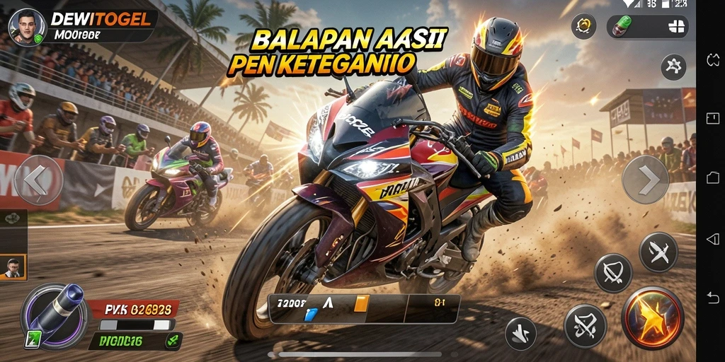 Screenshot gameplay DEWITOGEL yang menampilkan aksi balapan motor yang seru.
