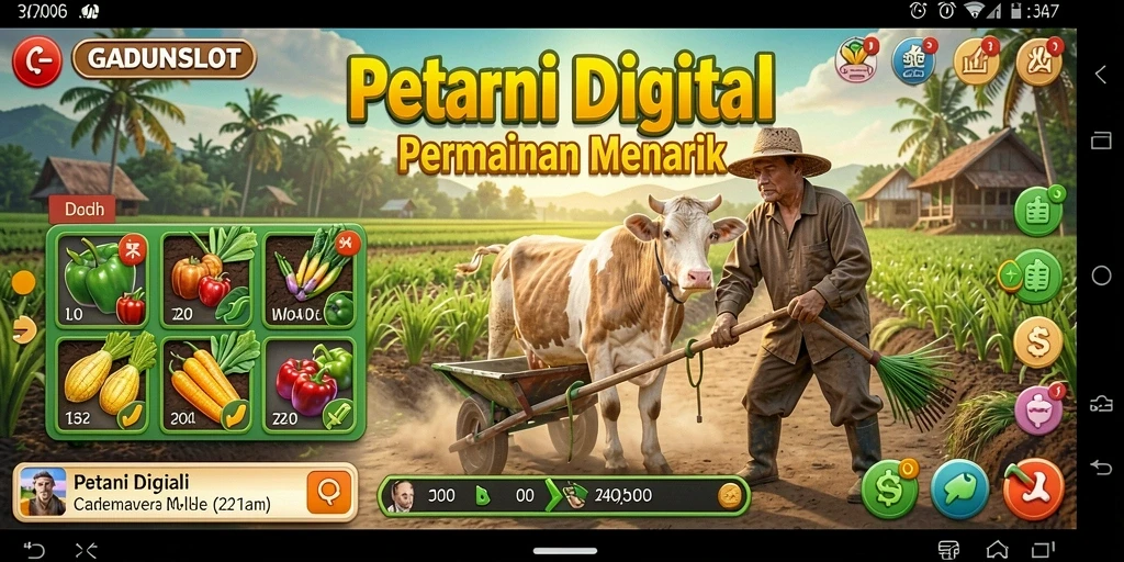 Tampilan gameplay GADUNSLOT yang menampilkan ladang yang rimbun dan tanaman berwarna-warni.