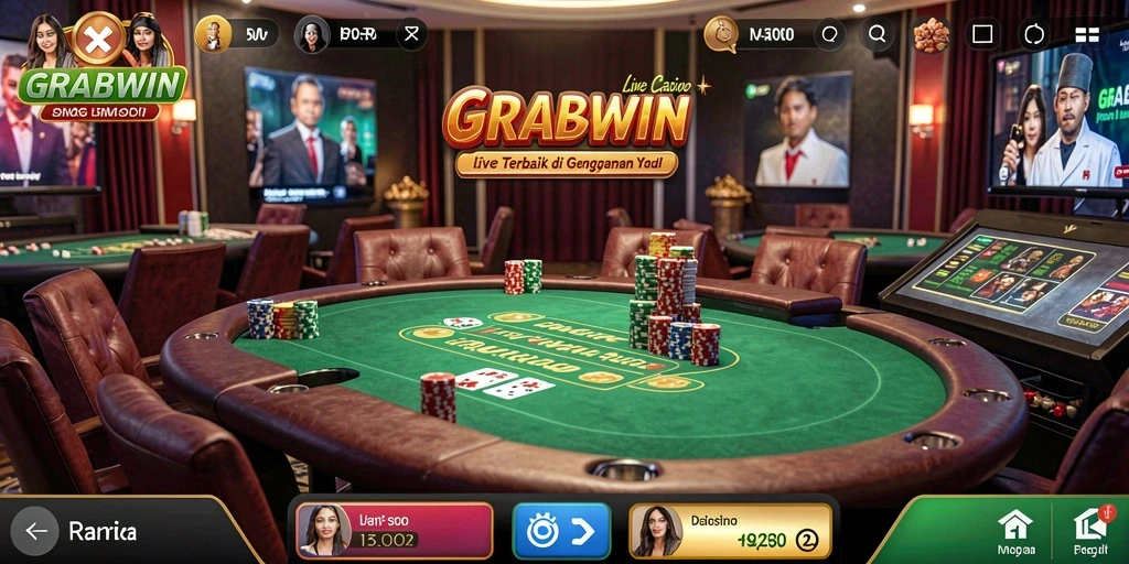 Screenshot gameplay GRABWIN menampilkan dealer profesional dan suasana kasino yang nyata.
