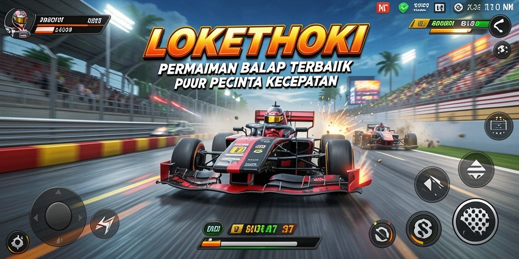 Tampilan gameplay seru di LOKETHOKI dengan mobil balap melibas trek.