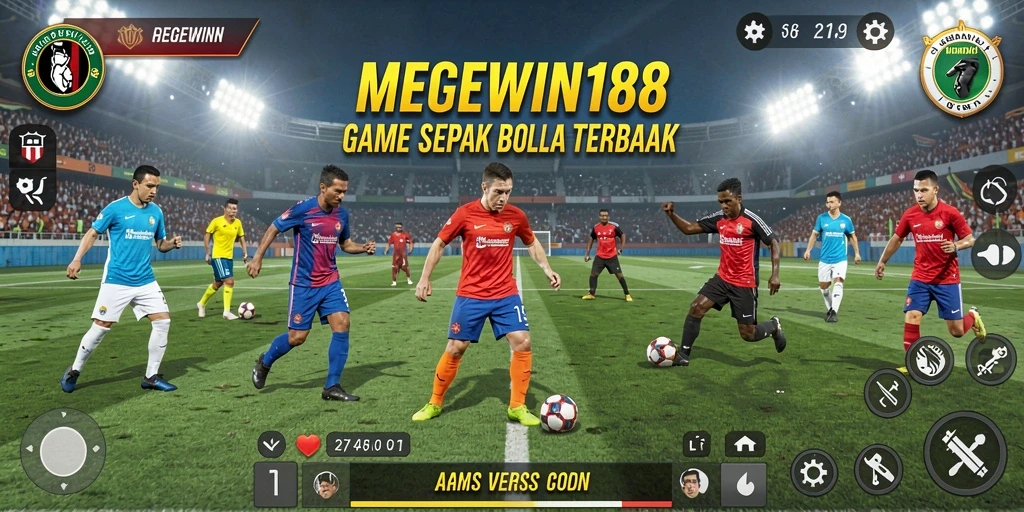 Tampilan gameplay mendebarkan di MEGEWIN188 dengan aksi sepak bola yang seru.