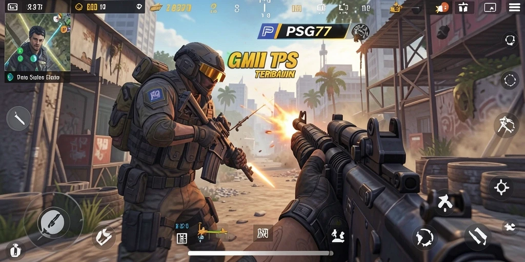 Tampilan gameplay PSG77 dengan aksi menembak yang intens.