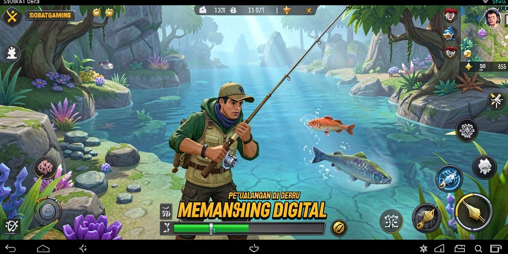 Tangkapan layar gameplay SOBATGAMING yang menampilkan aksi memancing yang mendebarkan.